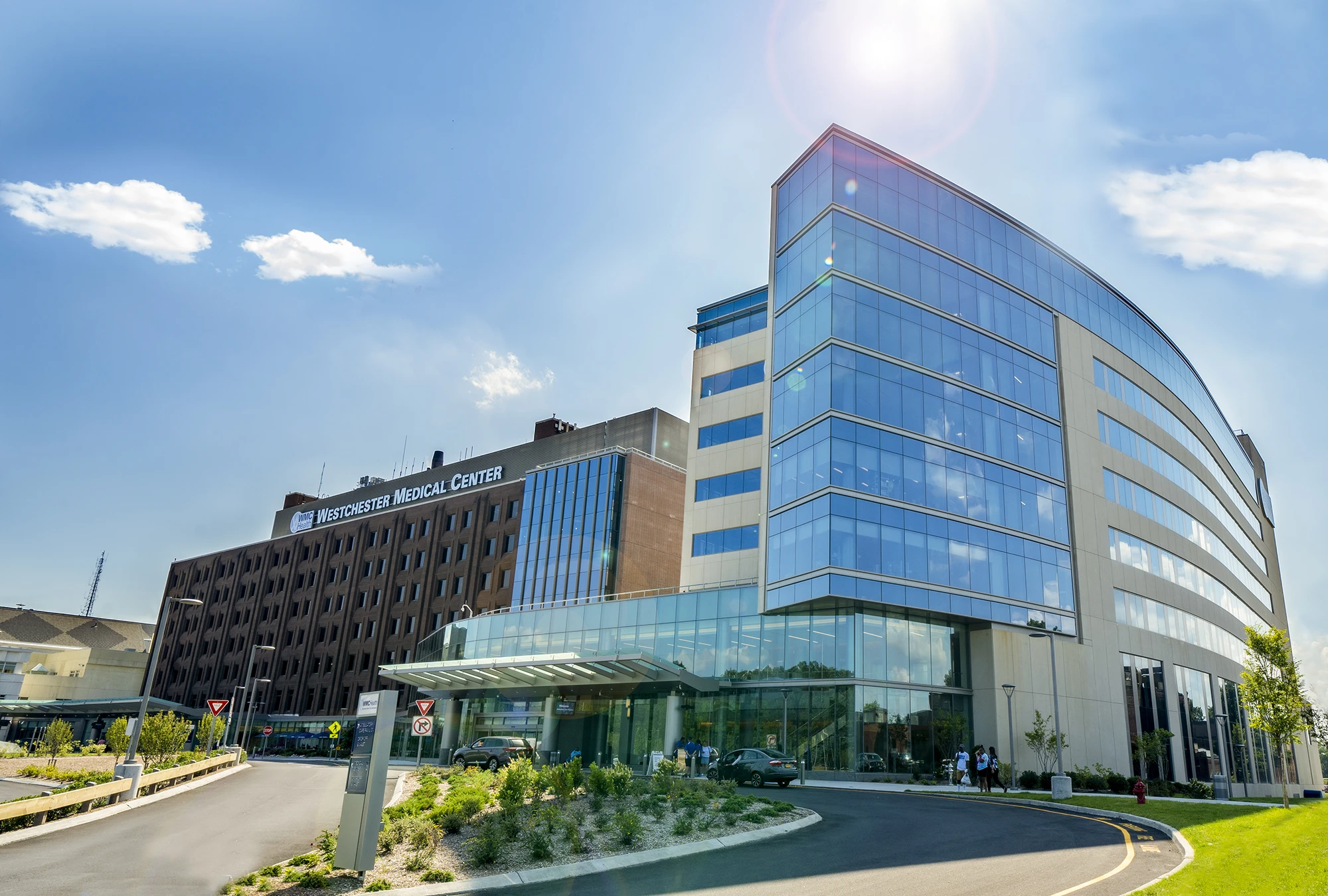 Westchester Medical Center as seen from outside the building on a sunny day