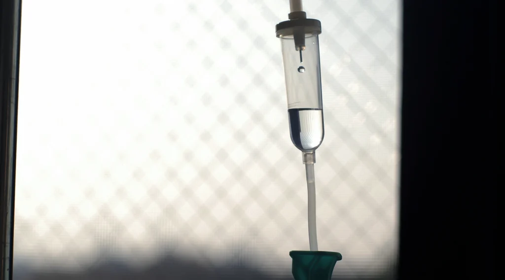 An IV infusion line silhouetted in front of a window.